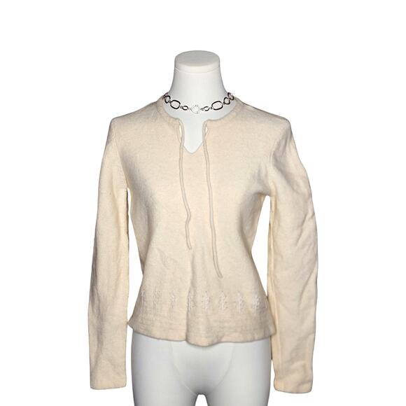 Vtg Bass & Co Lambswool Off White Cream Beaded Flower Long Sleeve Sweater Sz L - Picture 2 of 9
